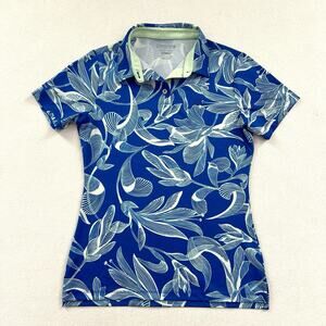 Good Good Golf Women Blue Lush Leaves Floral Print Performance Polo Shirt XS